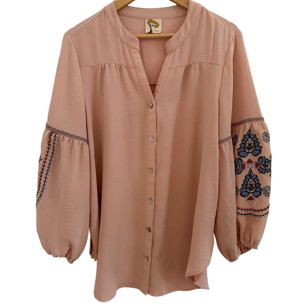 Fig & Flower Womens Anthro Blush Embroidered Boho Button-Down Blouse Size 2 XL